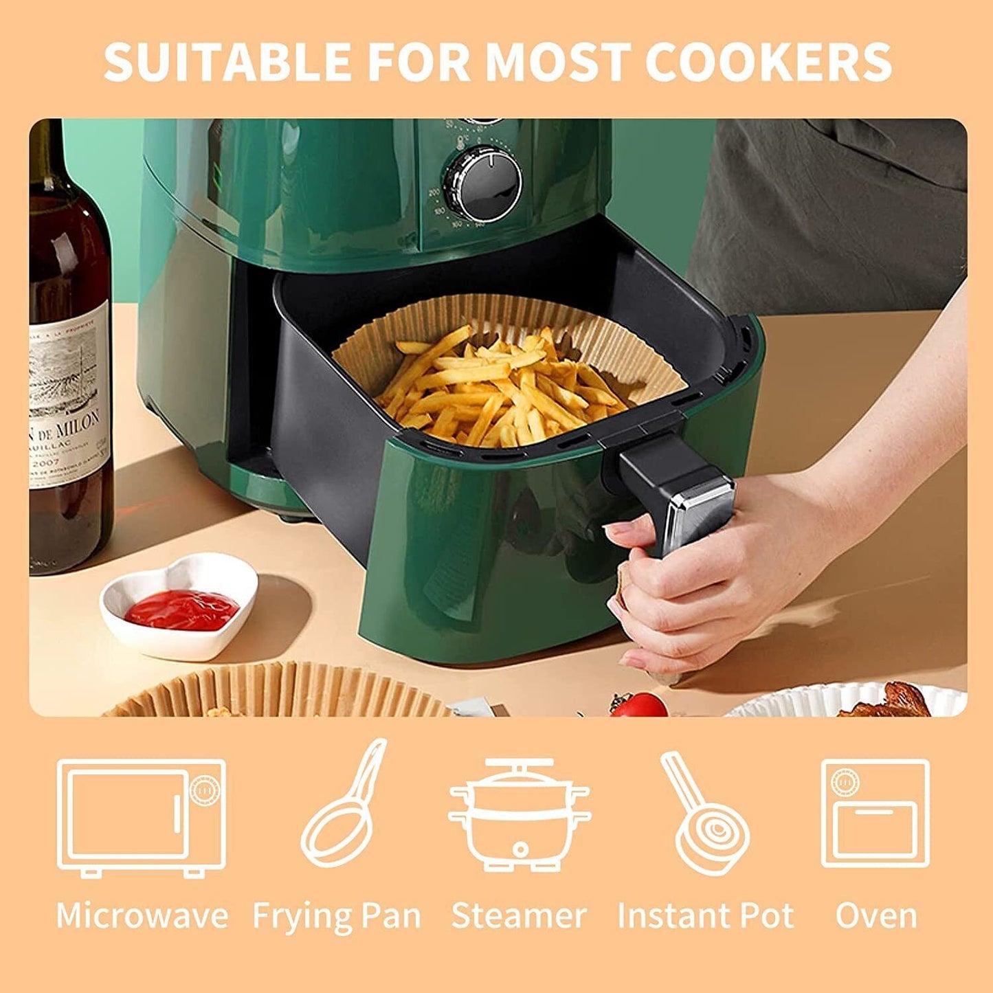 200PCS Air Fryer Disposable Paper Liners – 6.3-Inch Round, Non-Stick Parchment Paper for Fryers, Steamers & Ovens