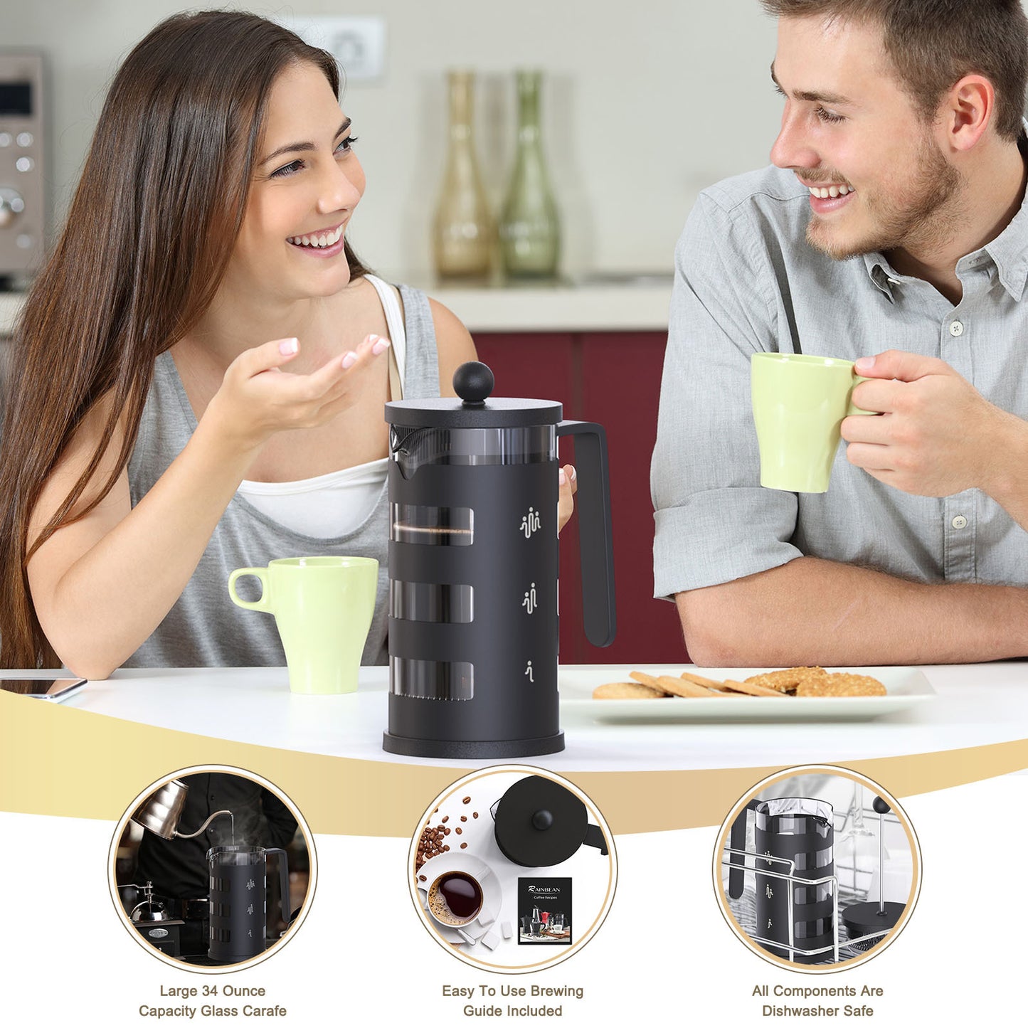 RAINBEAN French Press Coffee Maker – Stainless Steel & Borosilicate Glass, 12oz Capacity