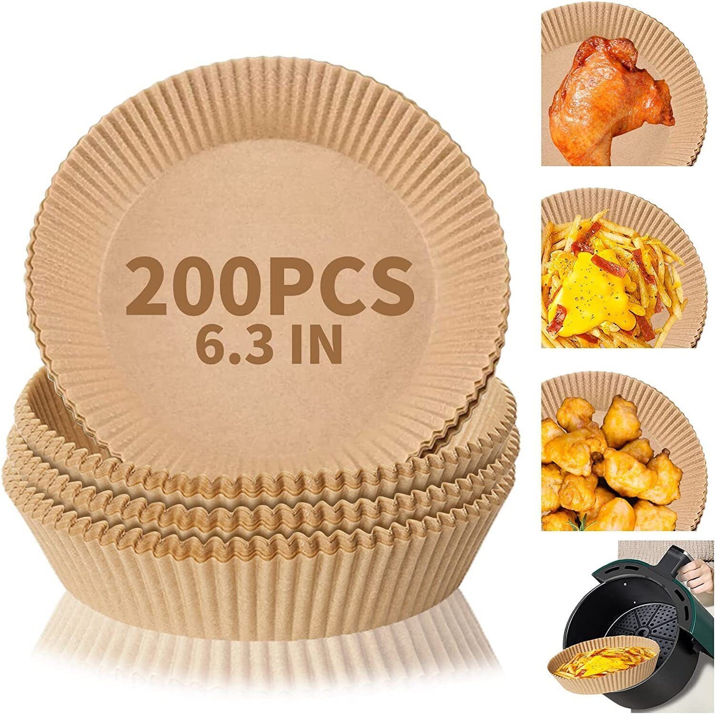 200PCS Air Fryer Disposable Paper Liners – 6.3-Inch Round, Non-Stick Parchment Paper for Fryers, Steamers & Ovens