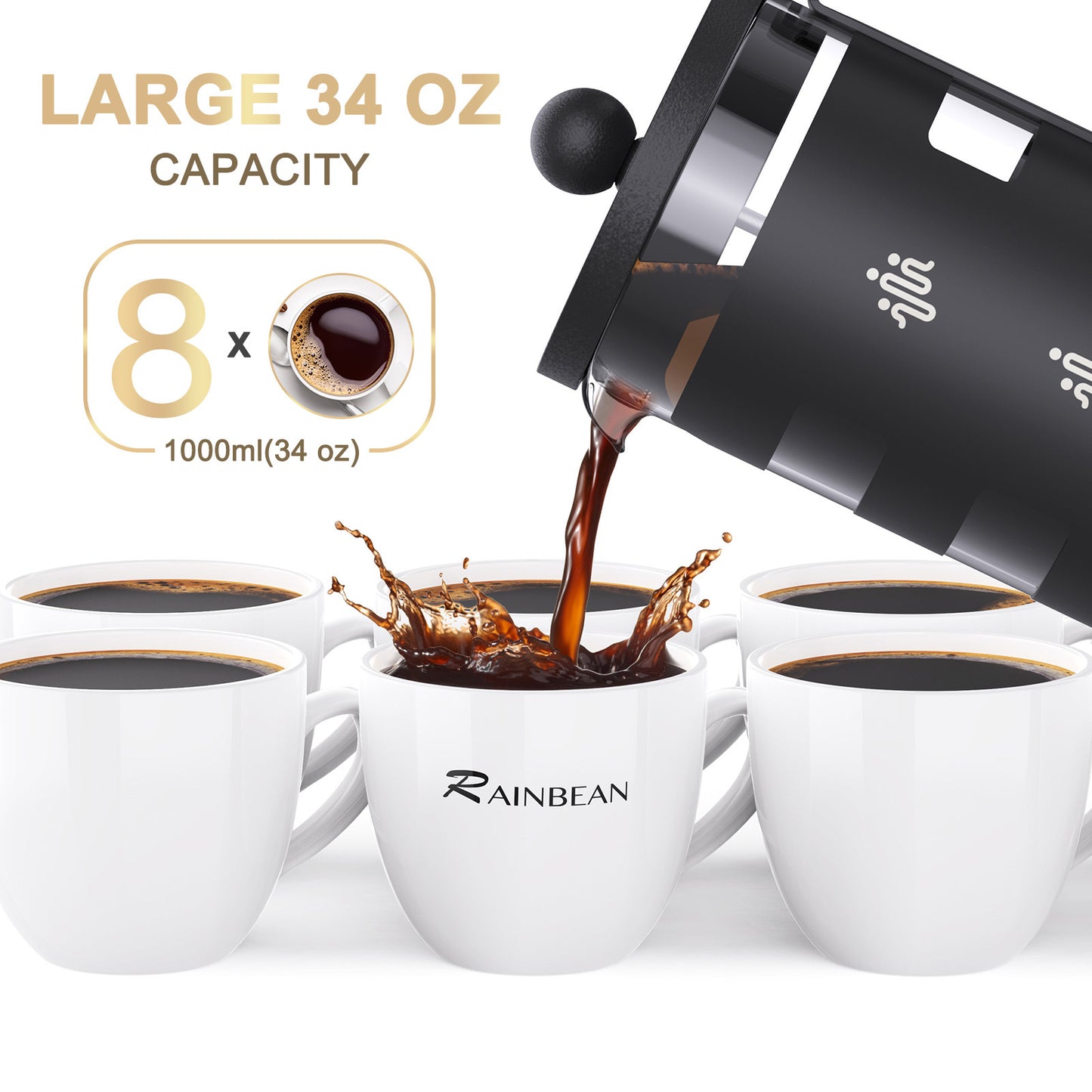 RAINBEAN French Press Coffee Maker – Stainless Steel & Borosilicate Glass, 12oz Capacity