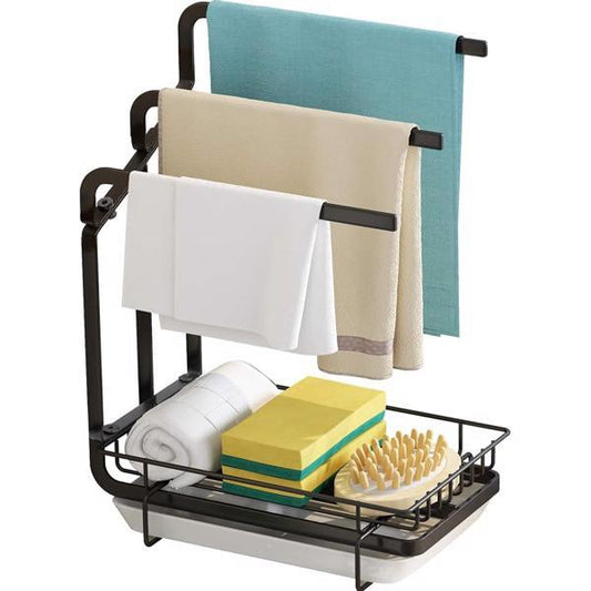Kitchen Sink Sponge Rack with Drain Tray – Metal Shelf for Sponge, Brush, and Soap, Space-Saving Organizer