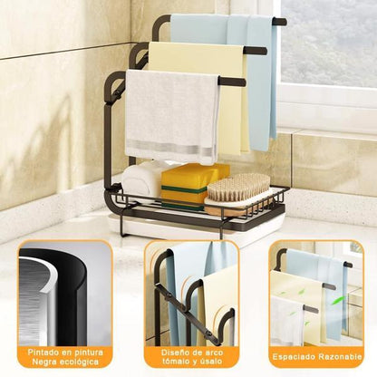 Kitchen Sink Sponge Rack with Drain Tray – Metal Shelf for Sponge, Brush, and Soap, Space-Saving Organizer