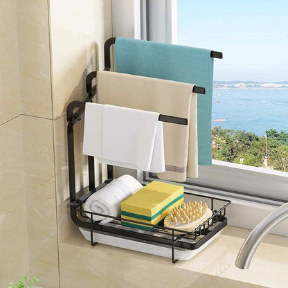 Kitchen Sink Sponge Rack with Drain Tray – Metal Shelf for Sponge, Brush, and Soap, Space-Saving Organizer