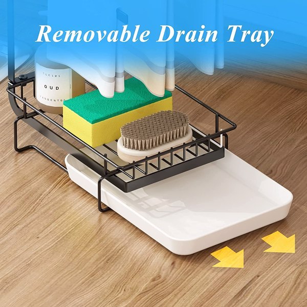 Kitchen Sink Sponge Rack with Drain Tray – Metal Shelf for Sponge, Brush, and Soap, Space-Saving Organizer