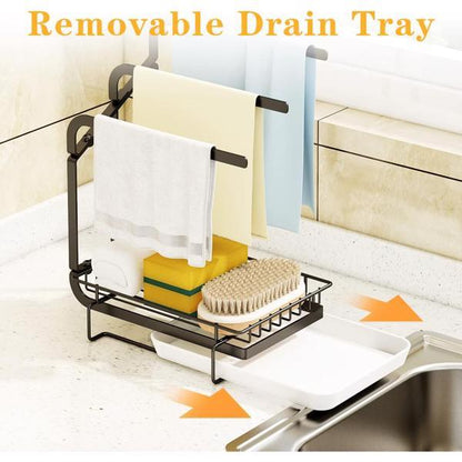 Kitchen Sink Sponge Rack with Drain Tray – Metal Shelf for Sponge, Brush, and Soap, Space-Saving Organizer