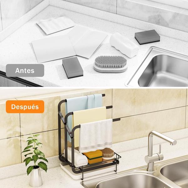 Kitchen Sink Sponge Rack with Drain Tray – Metal Shelf for Sponge, Brush, and Soap, Space-Saving Organizer